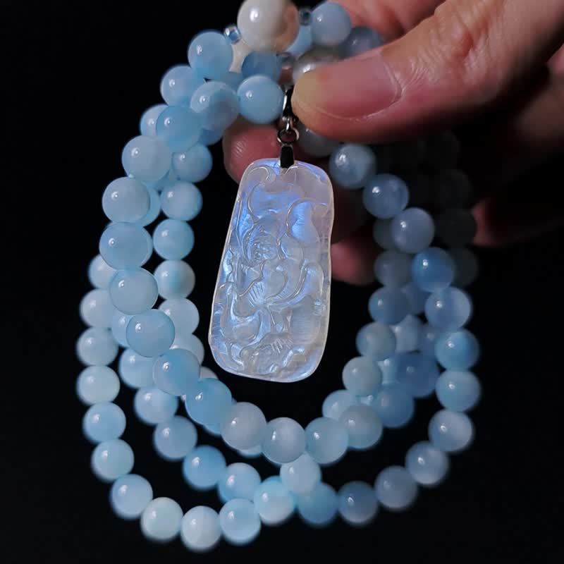 顶级 拉利玛 蓝月光 莲花 贝珠 智慧 108手串 念珠 6.5mm 单品 - 手链/手环 - 宝石 蓝色