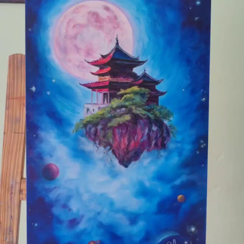 超现实风格的原创油画佛教寺庙。 - 海报/装饰画/版画 - 棉．麻 蓝色