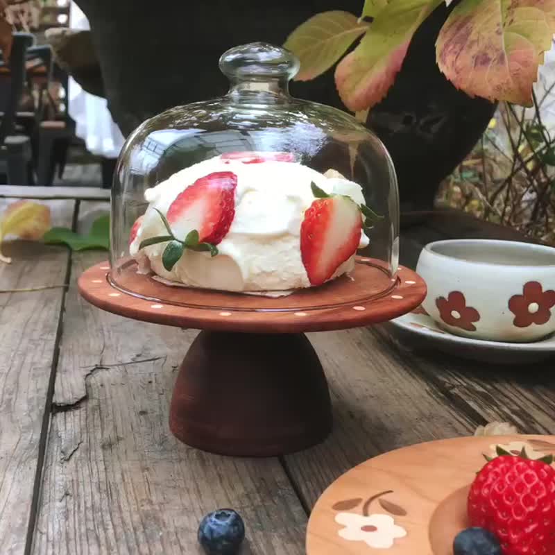 喵有型小花高脚木盘日式中式茶点水果复古家用蛋糕点心圆盘子带盖 - 盘子/餐盘/盘架 - 木头 咖啡色