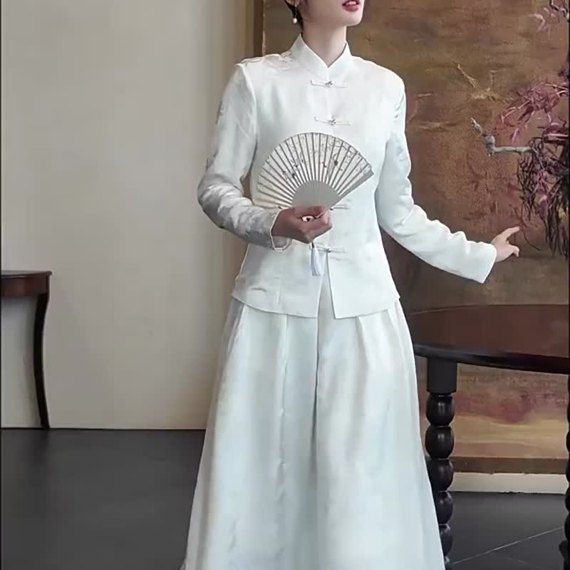 月澜 白色兩件式套裝 訂婚改良唐裝 新中式國風 新娘婚禮晨袍禮服 - 旗袍 - 其他人造纤维 白色