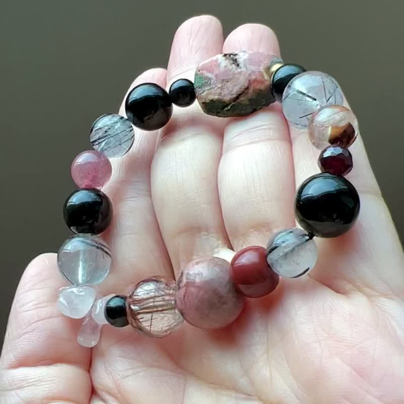 ||玄赭|| 脉轮能量手链。黑曜石/草莓晶/发晶/红石榴/粉晶/红纹石 - 手链/手环 - 水晶 红色