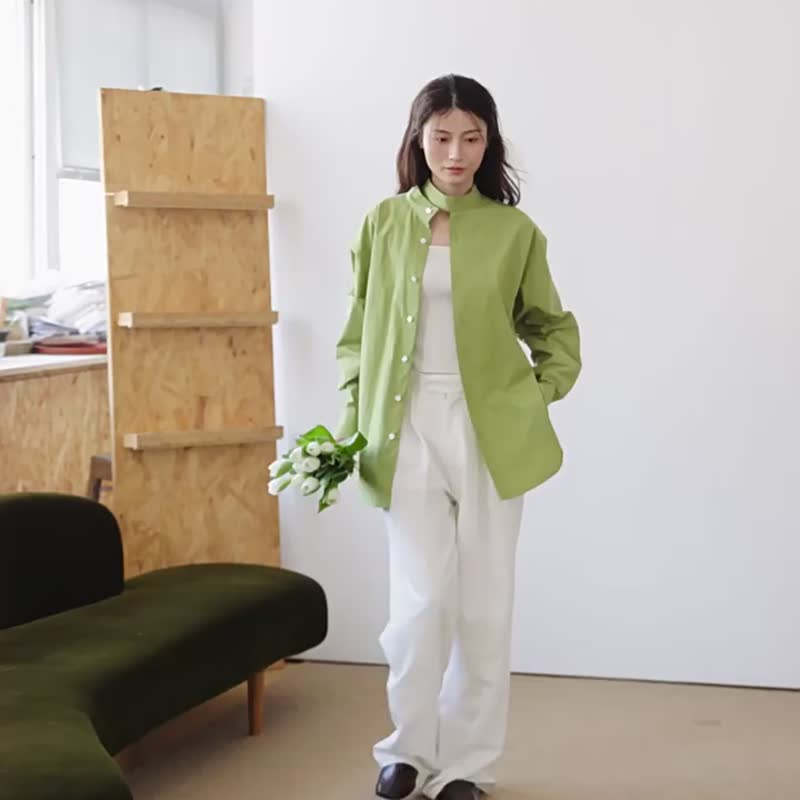 橘色 3色 颈间的翅膀 多色飘带休闲通勤日常长袖衬衫 - 女装衬衫 - 棉．麻 橘色