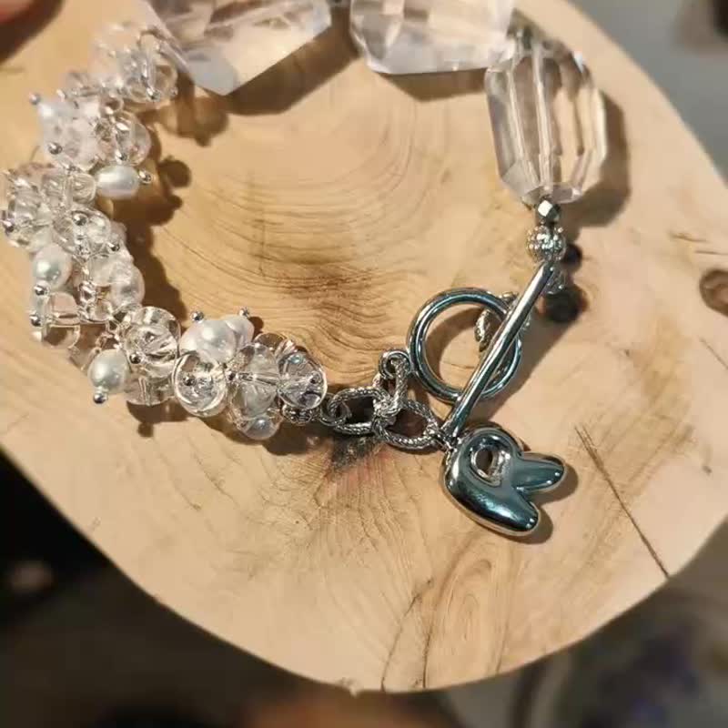 天然白水晶  淡水珍珠  钛钢银扣手链 - 手链/手环 - 水晶 白色