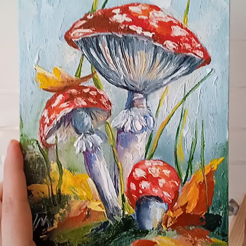 蘑菇画飞木耳画原创艺术布面油画 6*8 英寸 - 海报/装饰画/版画 - 其他材质 红色