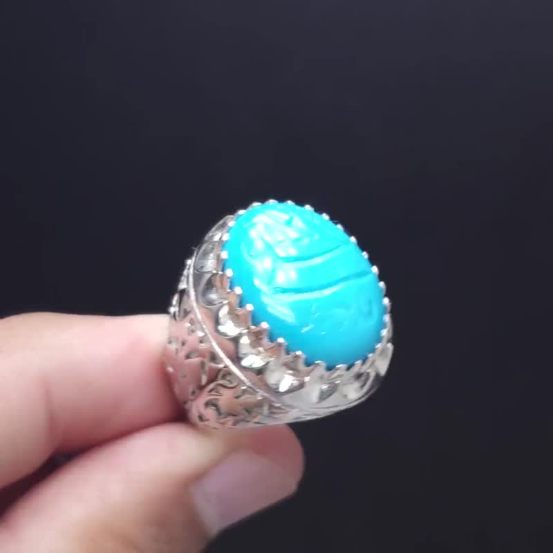 YA Ali Madad 绿松石戒指 – 手工伊斯兰饰品，穆斯林礼物，纯银戒指 - 戒指 - 宝石 蓝色