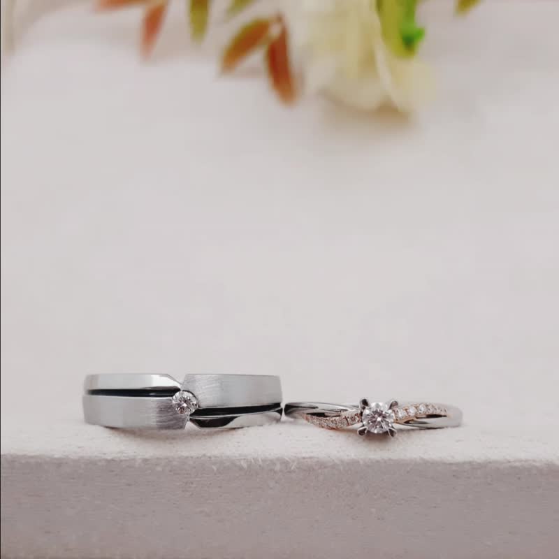 交织幸福 钻石K金白钢对戒指(可单买男女戒洽设计师) - 对戒 - 钻石 银色