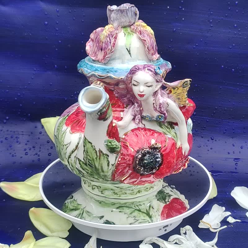 美丽的茶壶花仙子雕像鸢尾花罂粟花手工陶瓷 - 茶具/茶杯 - 瓷 多色