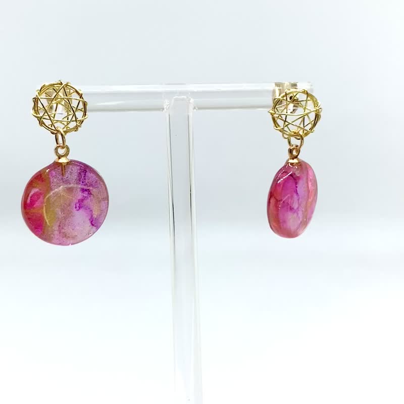 酒精墨水画耳环 - 粉红 - 耳环/耳夹 - 树脂 粉红色