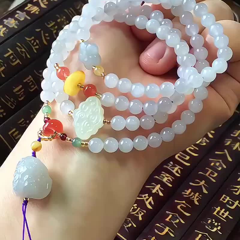 和田玉冰紫料6毫米 108颗手链 项链吊坠 搭配 和田玉大象吊坠 - 手链/手环 - 水晶 