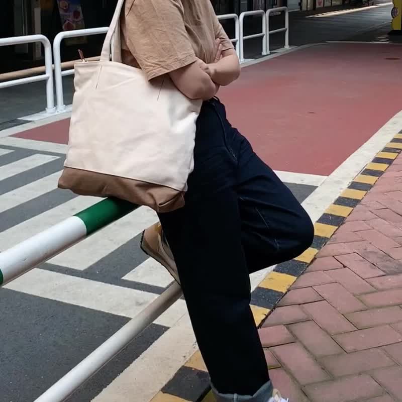 sobag原宿风米白帆布包文艺清新侧背包日系简约大容量拉链托特包 - 侧背包/斜挎包 - 棉．麻 白色