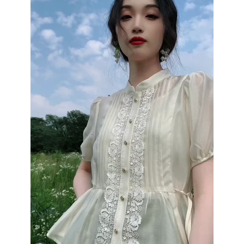 限量贩售 【绿茵茉白】夏季天丝白色法式衬衫 蕾丝轻盈透气高级感 - 女装衬衫 - 其他材质 