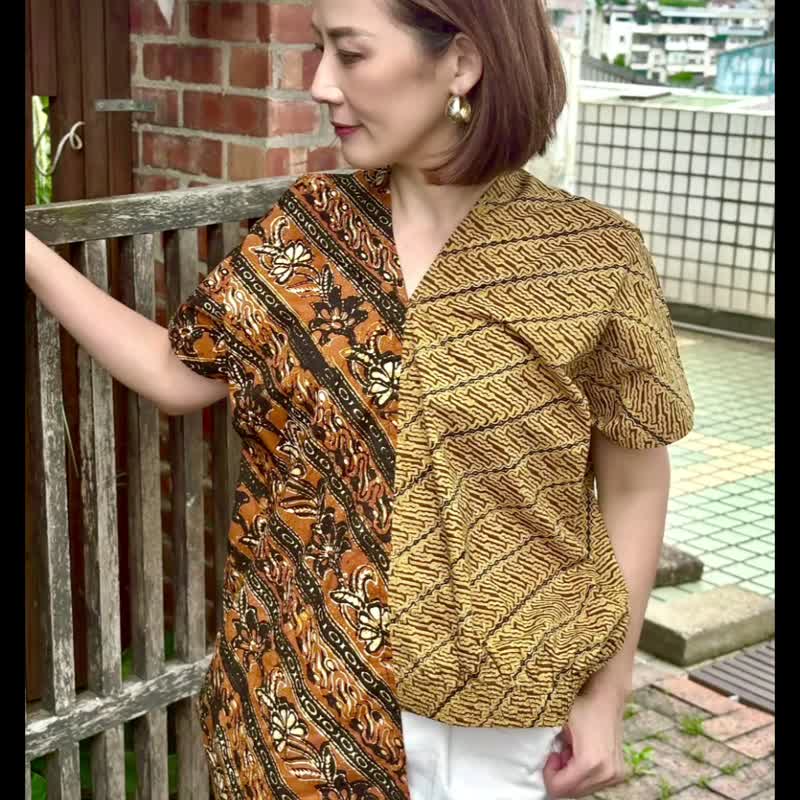 渡假风纯棉咖啡色几何图腾不对称拼接松紧带缩口四角衣 - 女装背心 - 棉 咖啡色