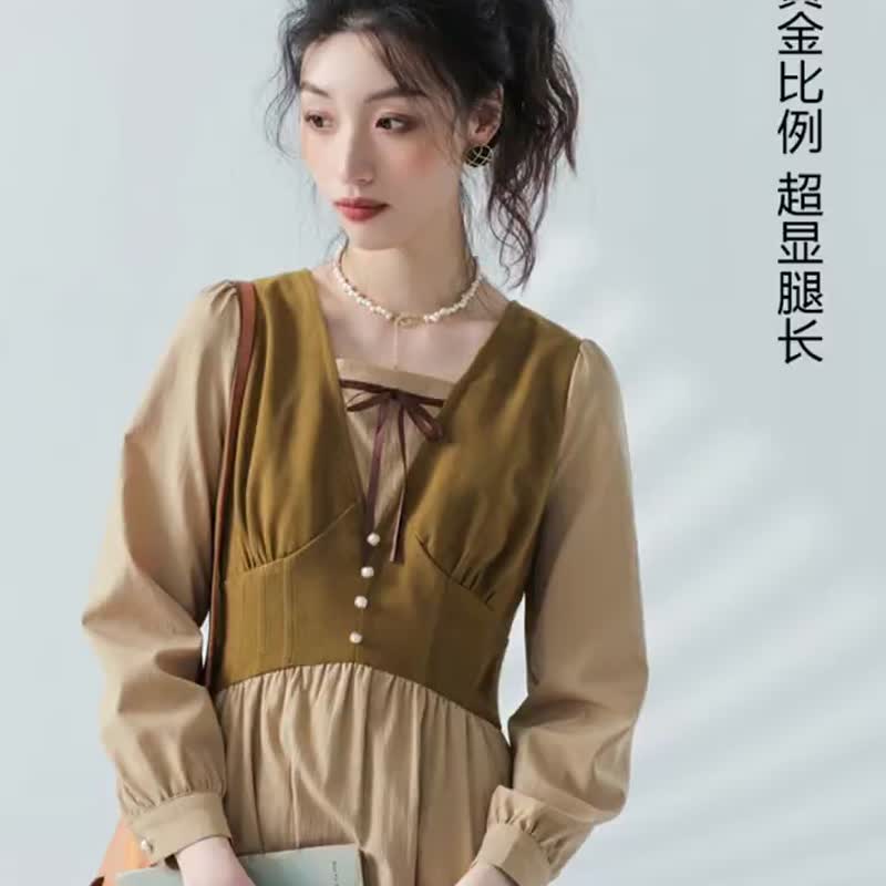 秋季新品 撞色假两件蝴蝶结连衣裙 长袖高腰显瘦少女法式复古洋装 - 洋装/连衣裙 - 其他材质 黄色