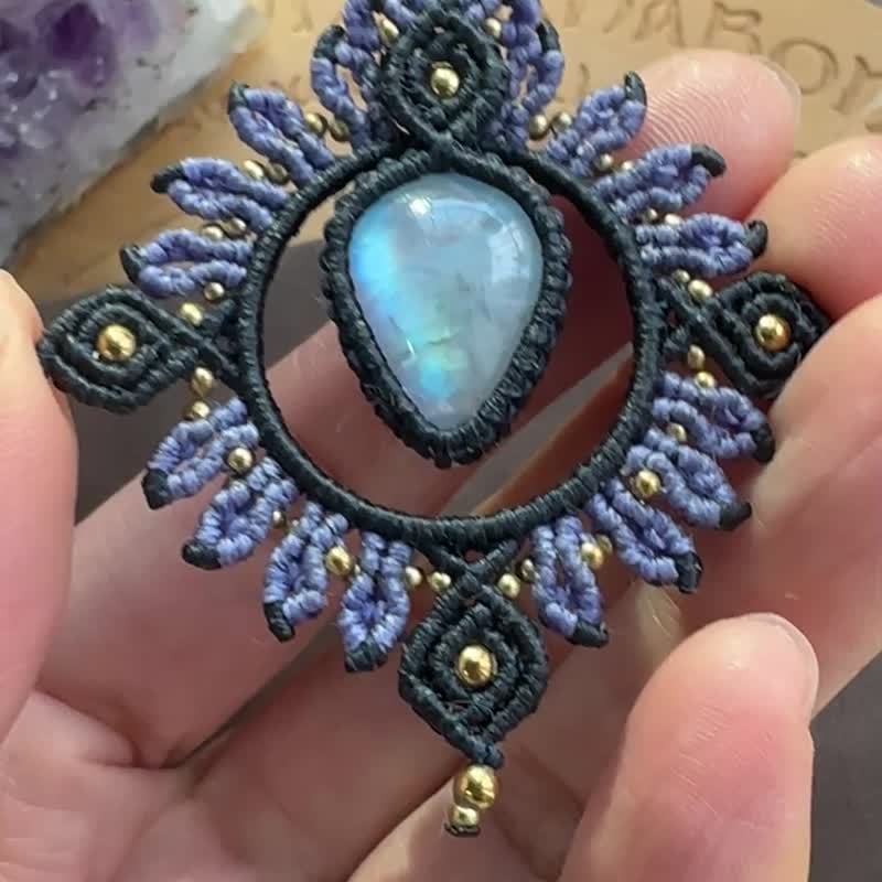 N1193 蜡线编织 月亮石 拉长石珠 铜珠 颈链 (可调长度) - 项链 - 宝石 蓝色