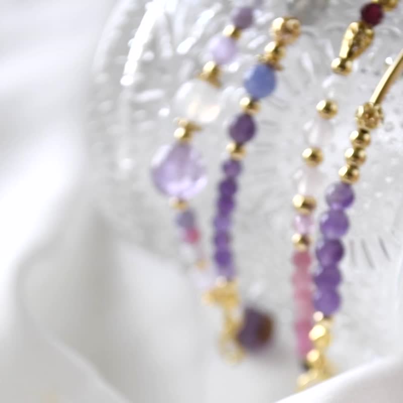 紫式部。粉碧玺 薰衣草紫晶 紫水晶 14K 镀金 水晶手链 - 手链/手环 - 水晶 紫色