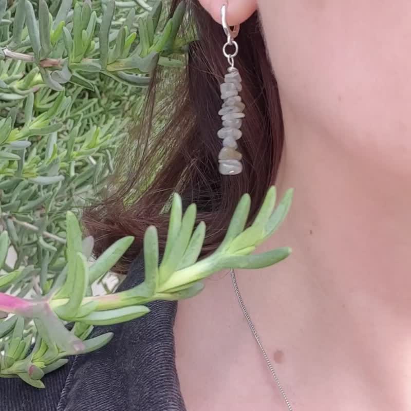 拉长石耳环，925 纯银，摩羯座诞生石，十二月宝石，圣诞礼物 - 耳环/耳夹 - 半宝石 灰色