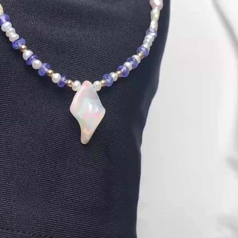 纯手工制作14K包金水欧泊坦桑石珍珠项链 可调节长短 - 项链 - 宝石 多色