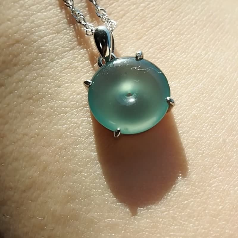 宝淇 - 925 银镶海蓝平安扣项链 - 天然 A 货翡翠 - 项链 - 玉石 蓝色