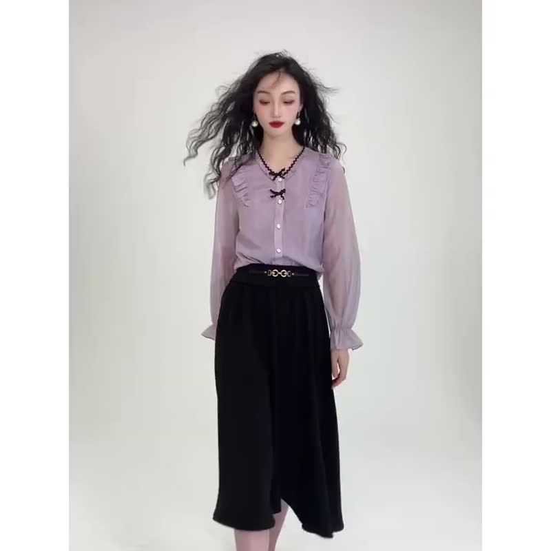 秋上新 法式蝴蝶结温柔鸢尾紫色木耳花边领雪纺长袖衬衫上衣 - 女装衬衫 - 聚酯纤维 