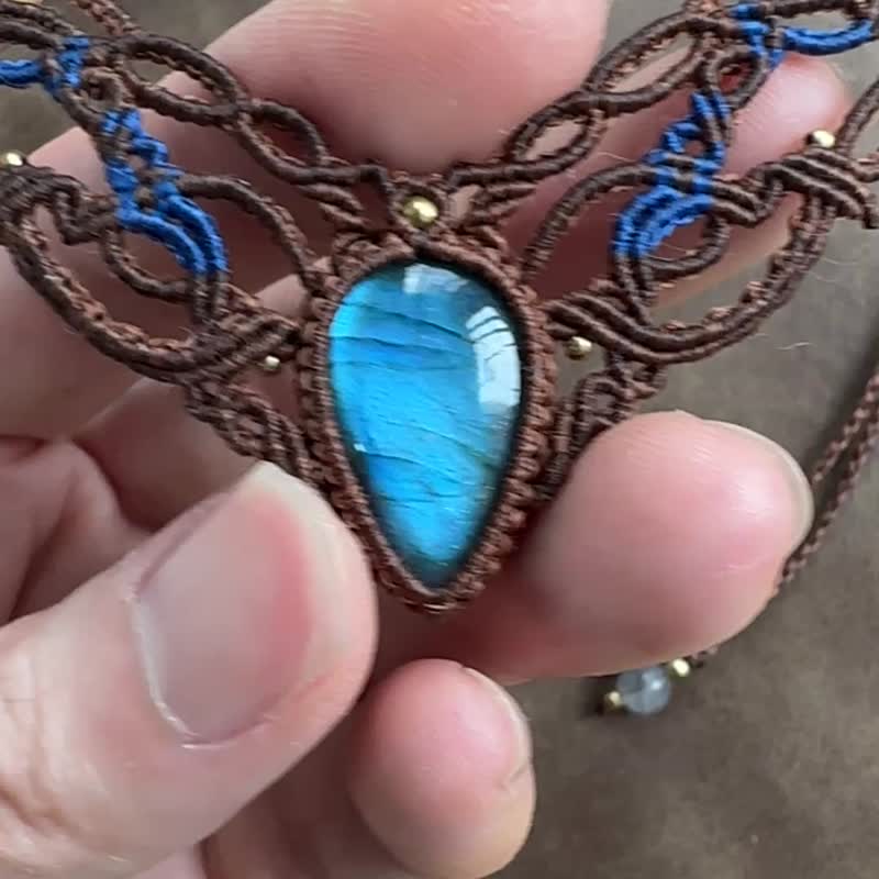 N1118 民族风 蜡线编织 拉长石 铜珠 颈链 (可调长度) - 项链 - 宝石 咖啡色