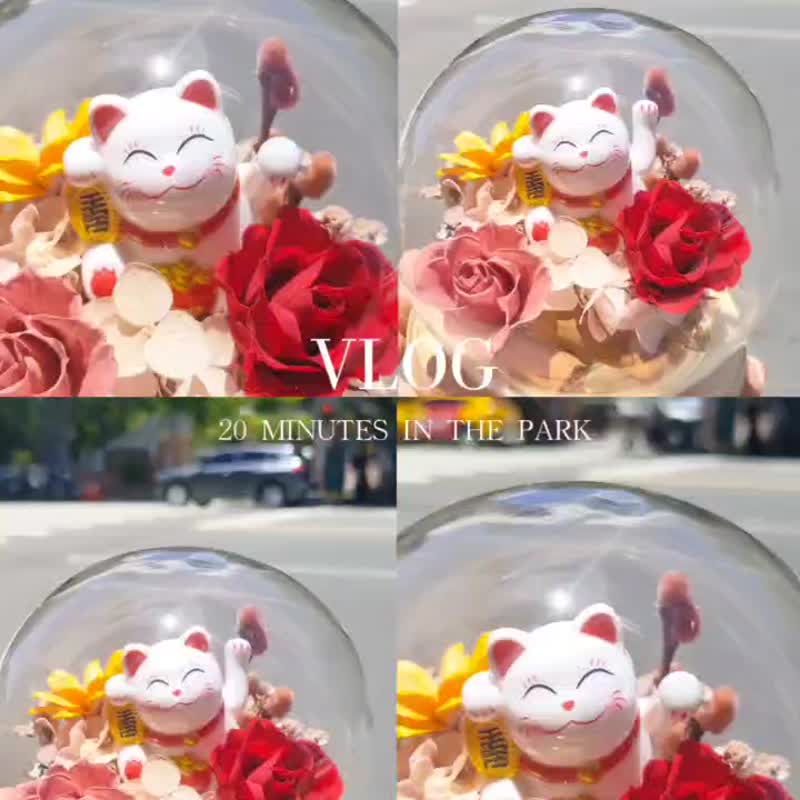 【荞翎工作室】招财猫玻璃花盅 开幕花礼 招财花礼 招财猫 - 干燥花/捧花 - 植物．花 多色