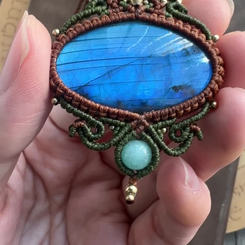 N881 民族风 蜡线编织 拉长石 铜珠 颈链 (可调长度) - 项链 - 宝石 咖啡色