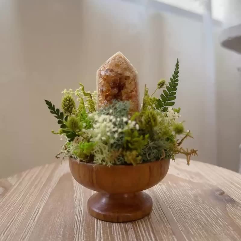 能量 焦糖黄水晶柱 。 微景观永生叶材 绿植栽 - 植栽/盆栽 - 水晶 黄色