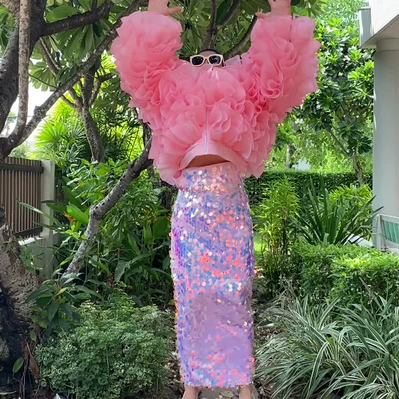 橘粉色欧根纱蓬松荷叶边夹克 - 女装针织衫/毛衣 - 聚酯纤维 粉红色