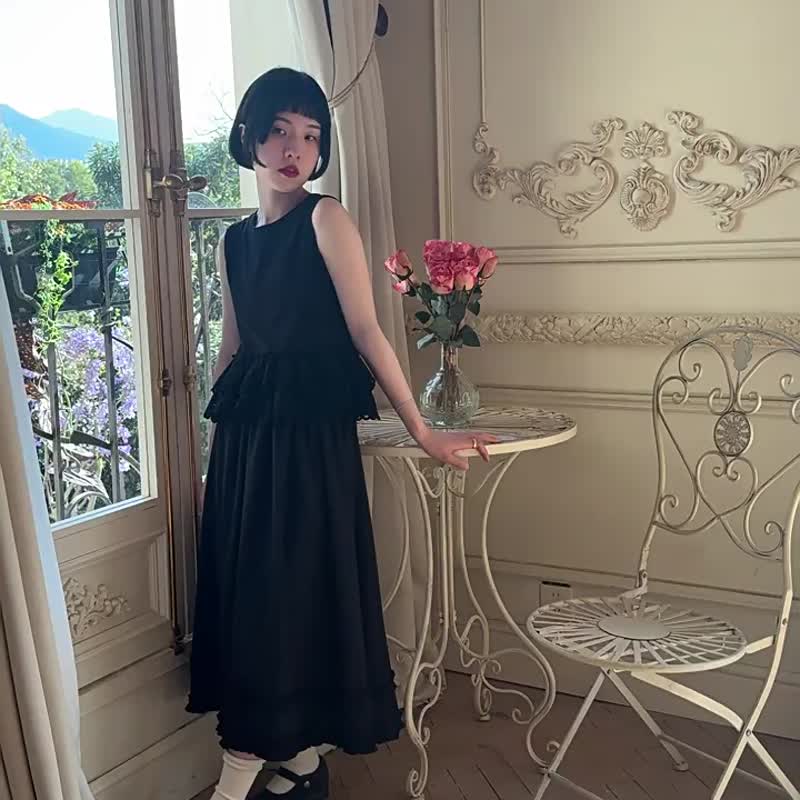 黑色 暗影玫瑰小黑裙 提花半身裙A字長裙子 - 裙子 - 棉．麻 黑色