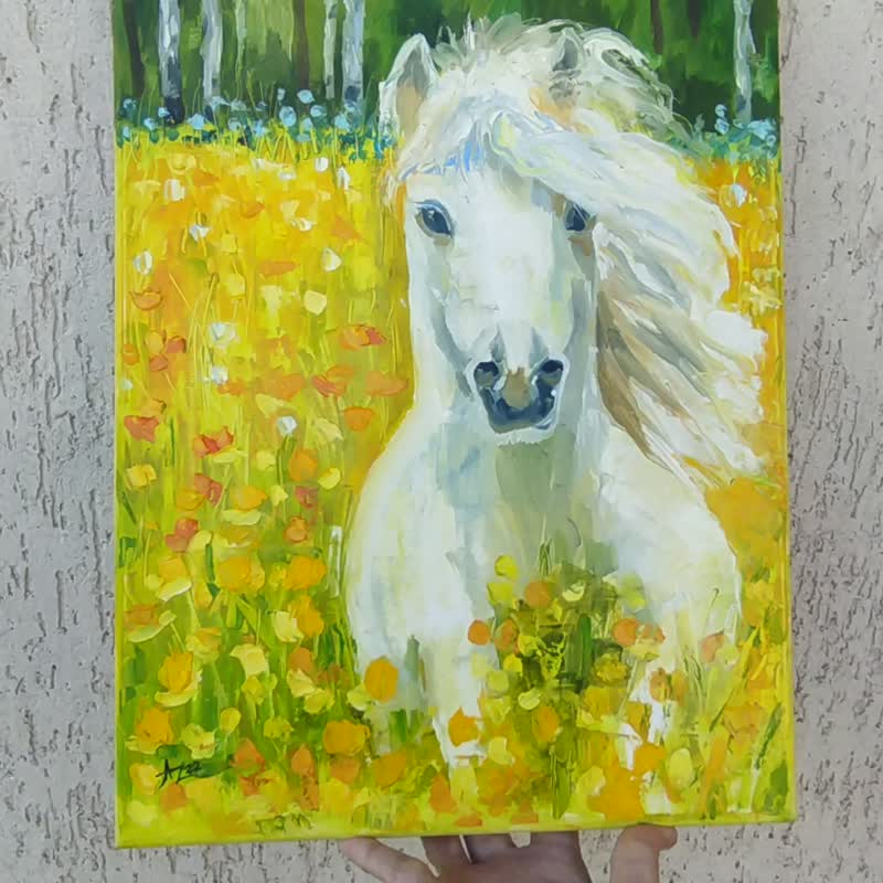 White Horse Painting Original Art Animal Canvas Oil Artwork Blooming Meadow OIl - 海报/装饰画/版画 - 其他材质 黄色