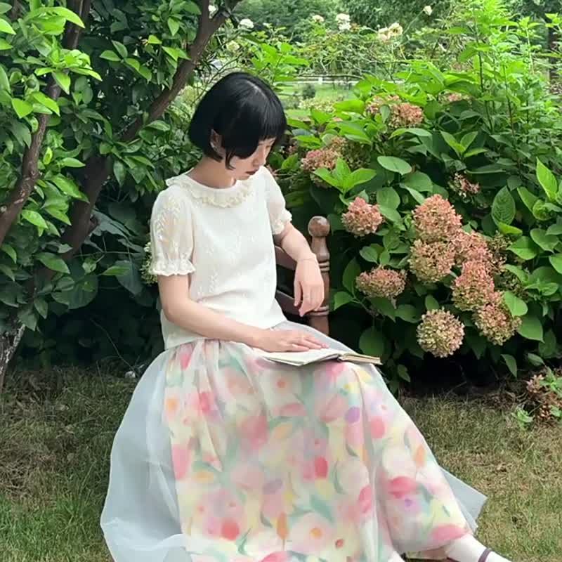 油畫花園霧紗裙 油彩花卉半身裙子 法式復古氛圍長裙 - 裙子 - 其他人造纤维 白色