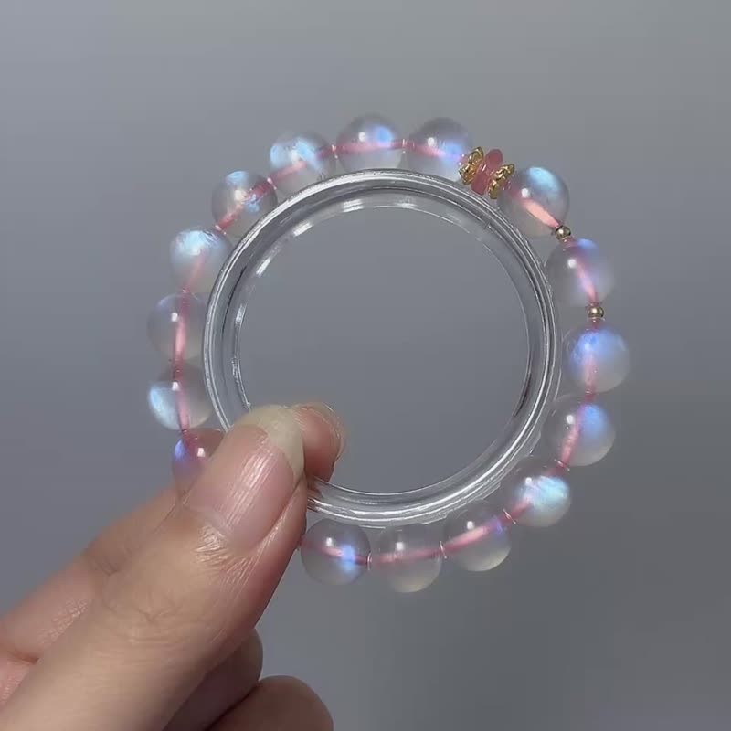 天然矿石 蓝光 粉月光石 10 mm 粉碧玺 925纯银 手链 - 手链/手环 - 宝石 粉红色