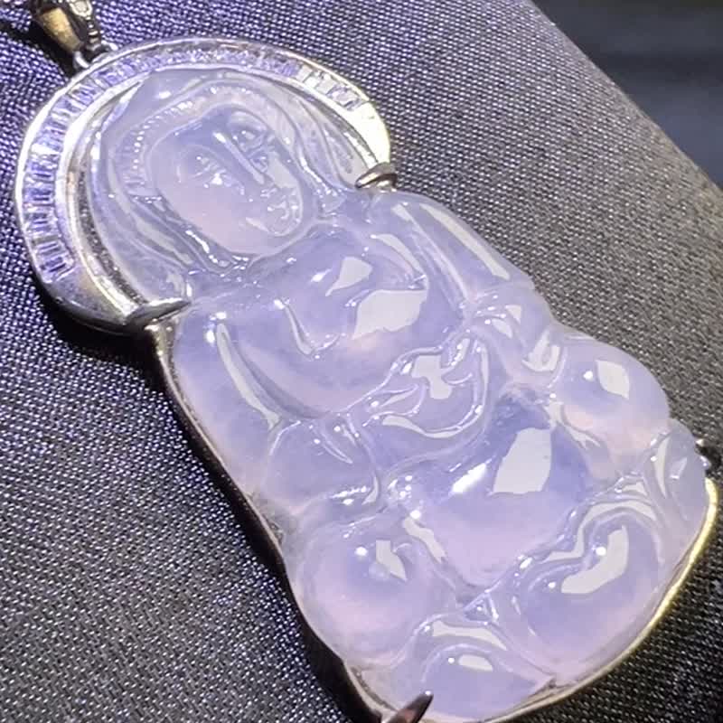 冰种翡翠观音菩萨项链 925纯银 | 天然缅甸玉翡翠A货 | 送礼 - 项链 - 玉石 白色