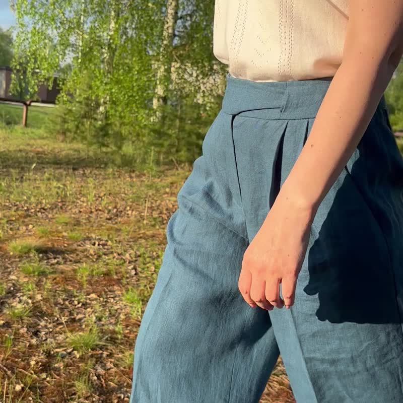 海军蓝长裤 / 手工亚麻海滩裤，适合女性休闲时尚 - 女装长裤 - 亚麻 蓝色