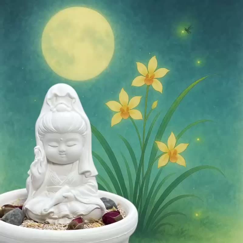 宝瓶观音香氛扩香组 净念吉祥小佛  圭藻砂中盘  插画香气疗愈 - 香薰/精油/线香 - 水泥 白色