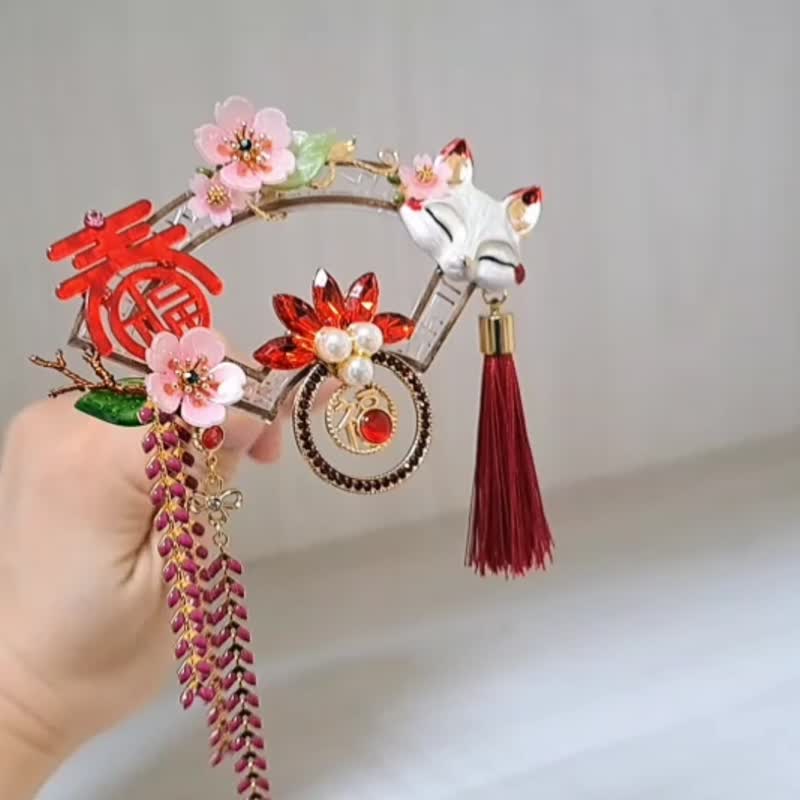 和风花魁发簪【狐之春】~双股发钗 - 发饰 - 其他金属 红色