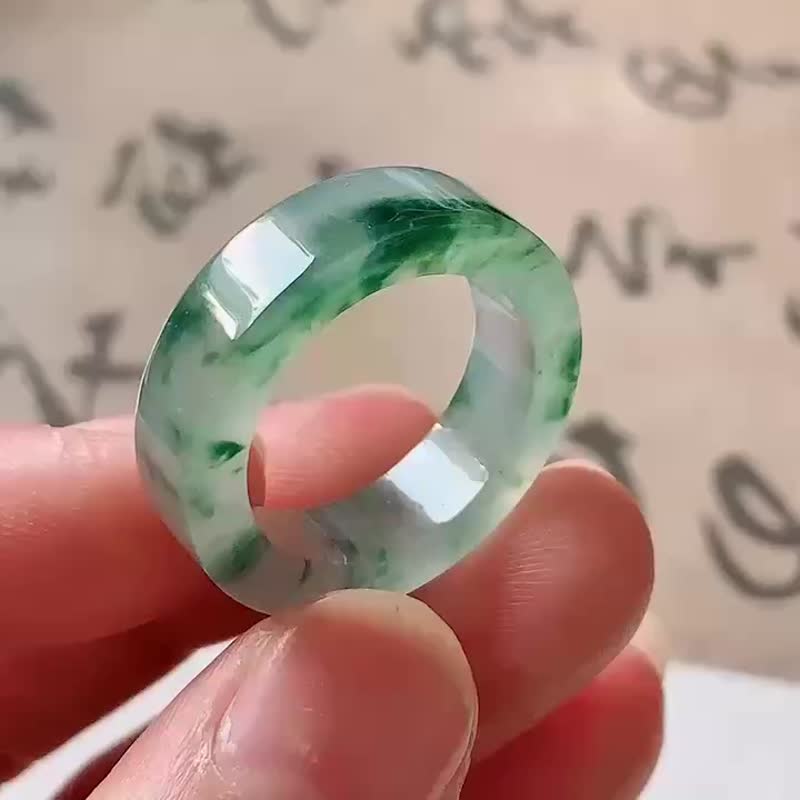 冰种翡翠 天然翡翠 A玉 班指披指指环 • 冰种飘花翡翠戒指 - 戒指 - 玉石 绿色