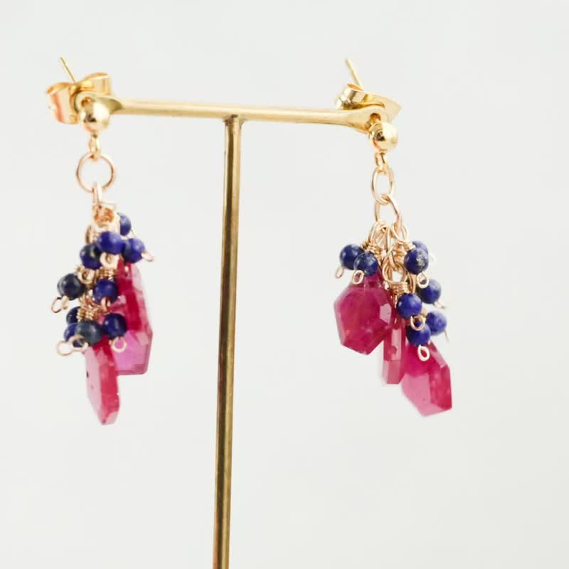 红宝石、青金石耳环 - 耳环/耳夹 - 半宝石 红色