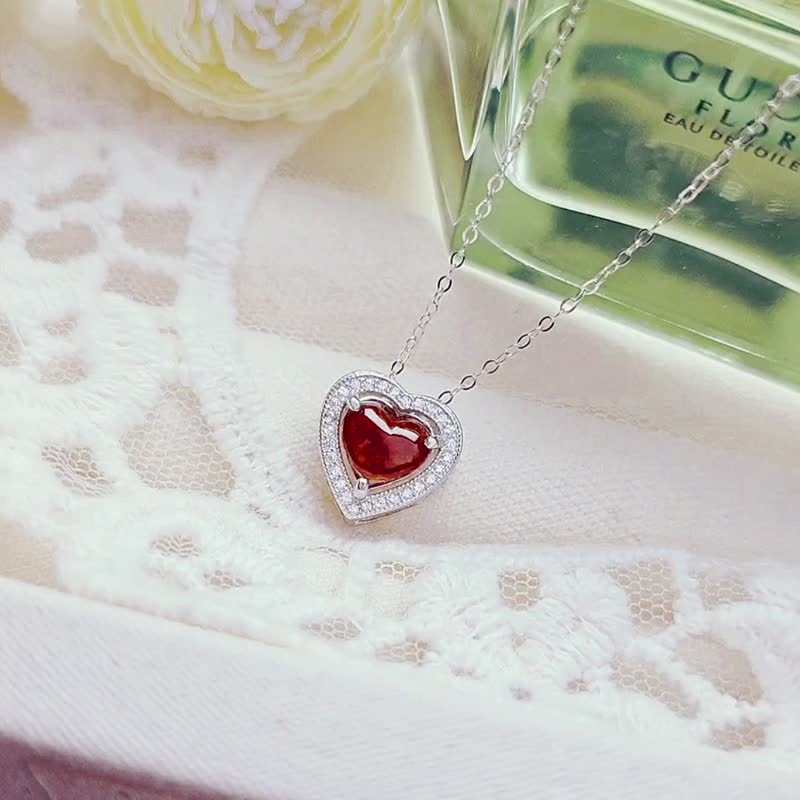 幸运•和美•制太岁|马卡龙红|缅甸A货翡翠无烧红翡爱心纯银吊坠 - 项链 - 玉石 