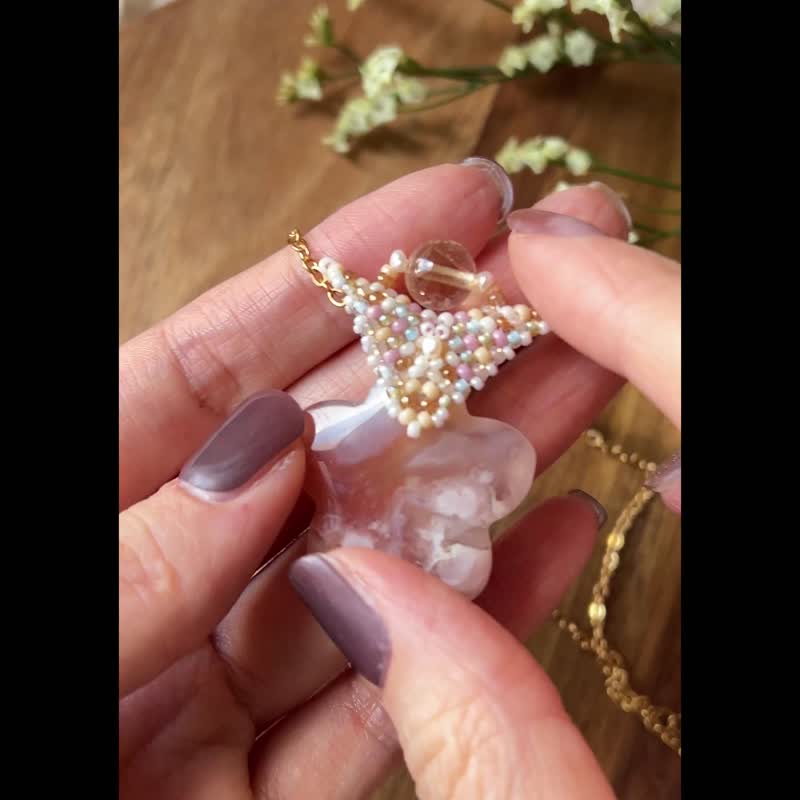 樱花玛瑙 玻璃米珠x天然石 串珠吊坠 配宝石链 - 项链 - 水晶 粉红色