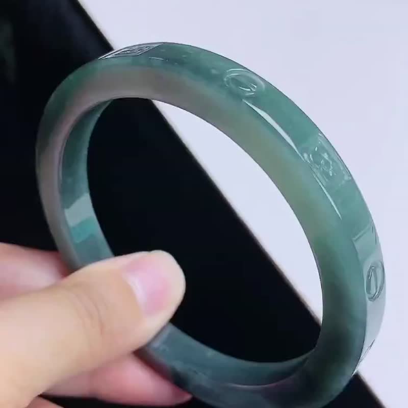 天然翡翠 缅甸 A玉 玉镯 • 冰种翡翠方镯雕花镯 - 手链/手环 - 玉石 蓝色