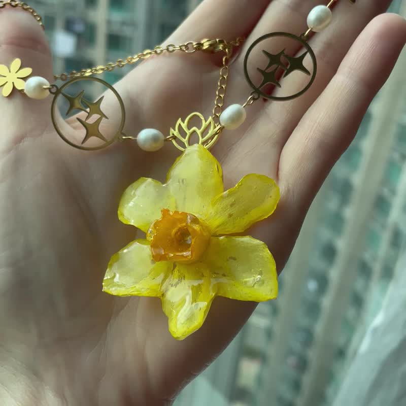 珍珠与干花设计项链 - 项链 - 不锈钢 金色