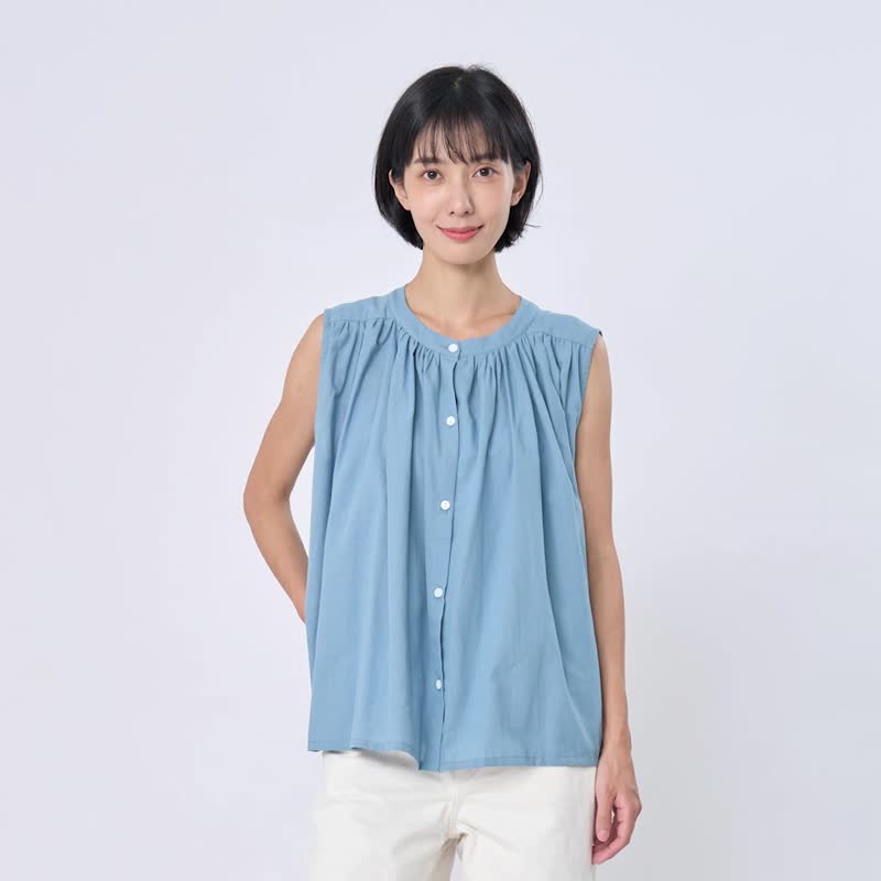 Connie无袖细褶衬衫上衣 - 女装衬衫 - 棉．麻 蓝色