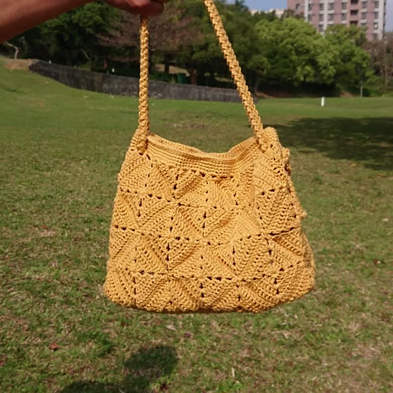 原创 手工纯棉线编织包 /编织包/小菱格拼接三用包/定制自选色 - 侧背包/斜挎包 - 棉．麻 多色