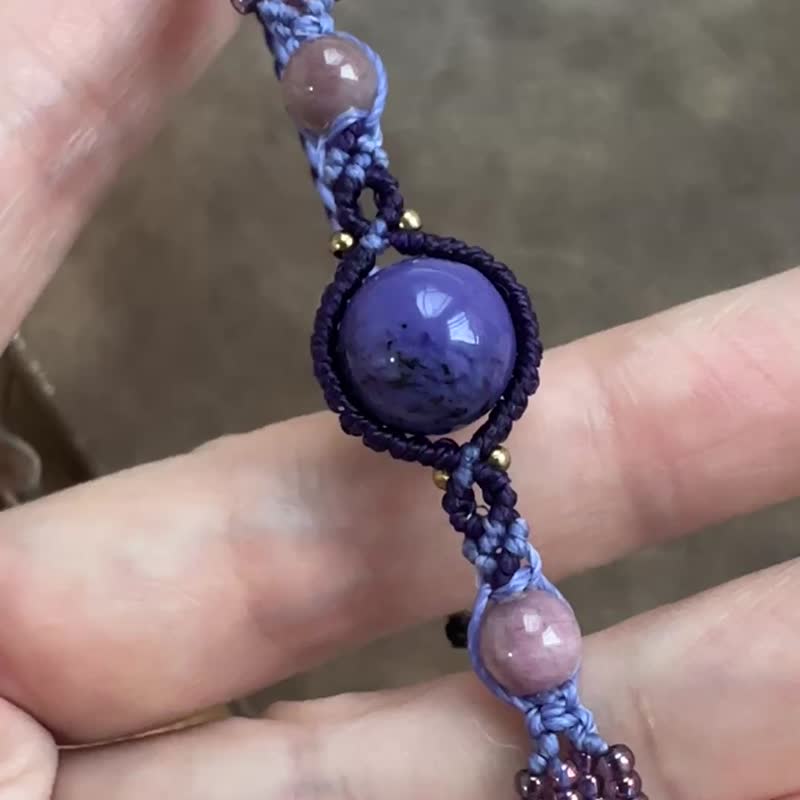 BB114 民族风 蜡线编织 紫龙晶珠 碧玺珠 手环 (可调长度) - 手链/手环 - 宝石 紫色