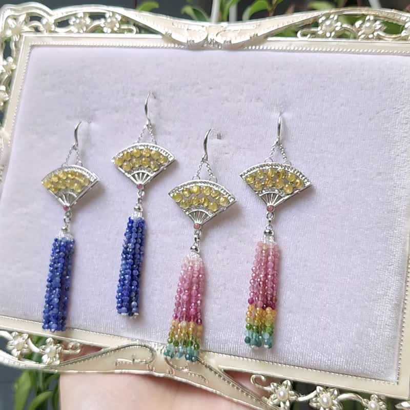 金发晶 扇 善 碧玺 流苏 智慧 事业 富贵 招财 耳环 单品 礼物 - 耳环/耳夹 - 宝石 黄色