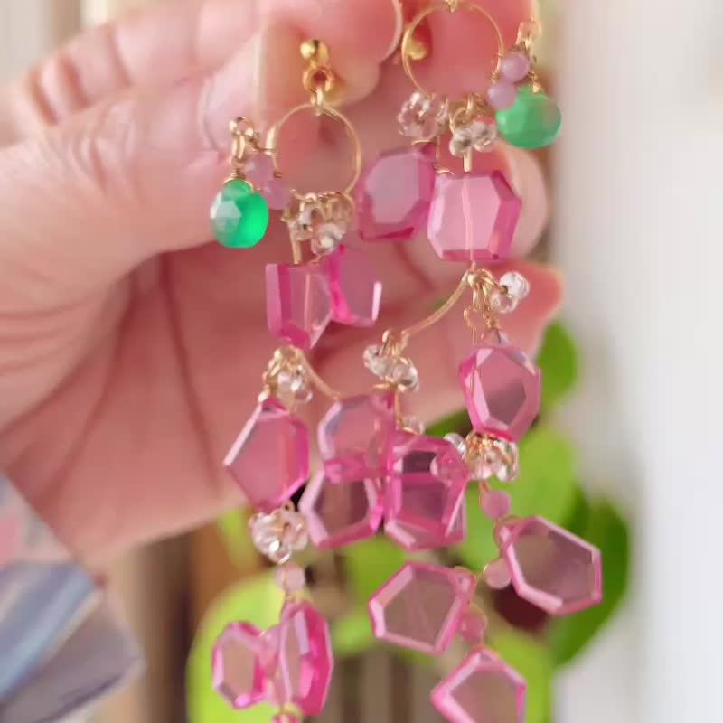 红宝石色 紫葳花 - 耳环/耳夹 - 半宝石 红色