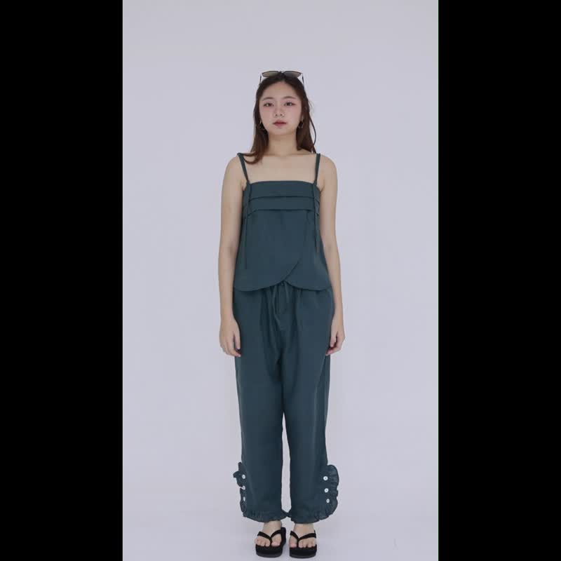 深青绿色亚麻吊带上衣 层叠褶皱设计优雅修饰胸型。 - 女装上衣 - 亚麻 绿色
