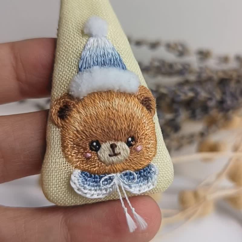 熊熊发夹，手工刺绣发夹 - 发饰 - 棉．麻 黄色