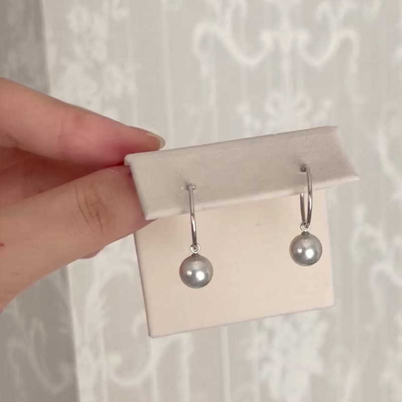 日本制18k白金 akoya珍珠耳环 8-8.5mm天然无调色珍珠 珍珠耳圈 - 耳环/耳夹 - 珍珠 灰色